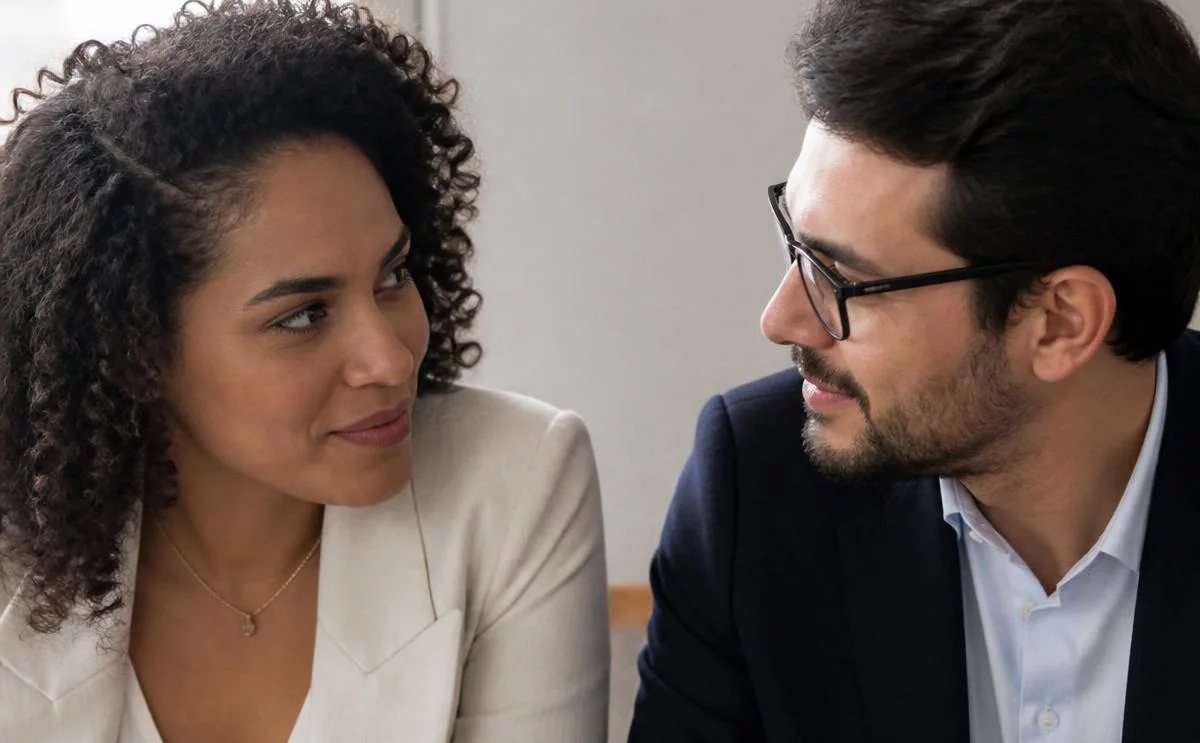Duas pessoas frente a frente na mesa: uma sustenta a fala, a outra anota o que ouviu