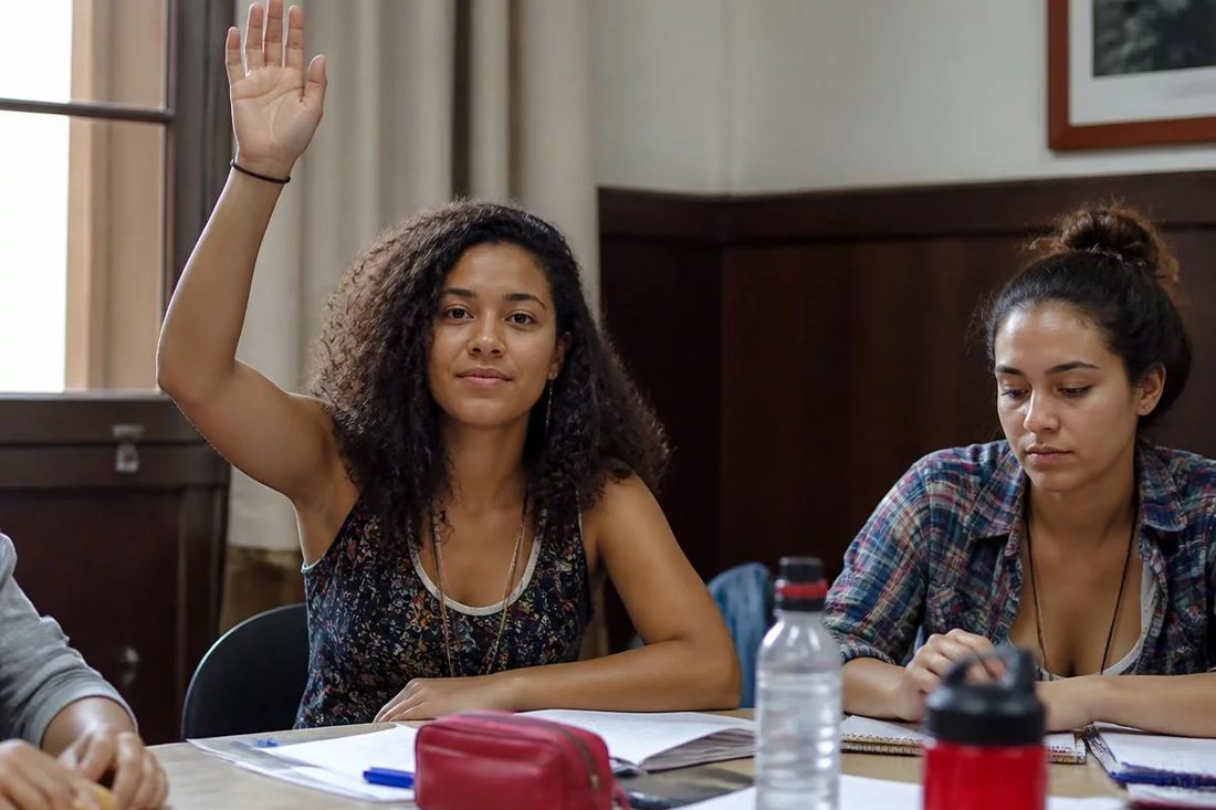 Facilitador em pé apontando para um argumento escrito no quadro durante a sessão
