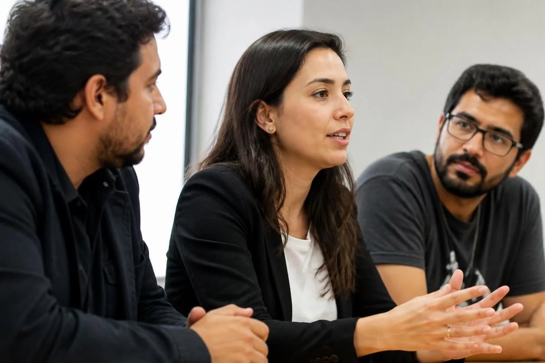 Participante falando em pé enquanto o restante da turma acompanha sentado