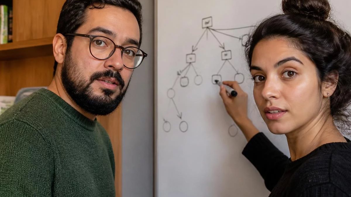 Duas participantes de pé diante do quadro branco, montando um argumento a caneta